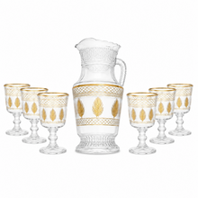 7-Piece Glass pitcher W/ 6-Goblets Gold and Silver Feather Design