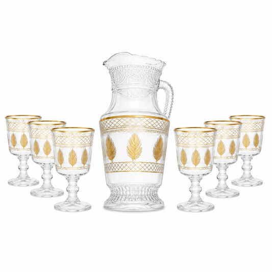 7-Piece Glass Beverage Set with Pitcher and 6 Gold and Silver Feather Goblets