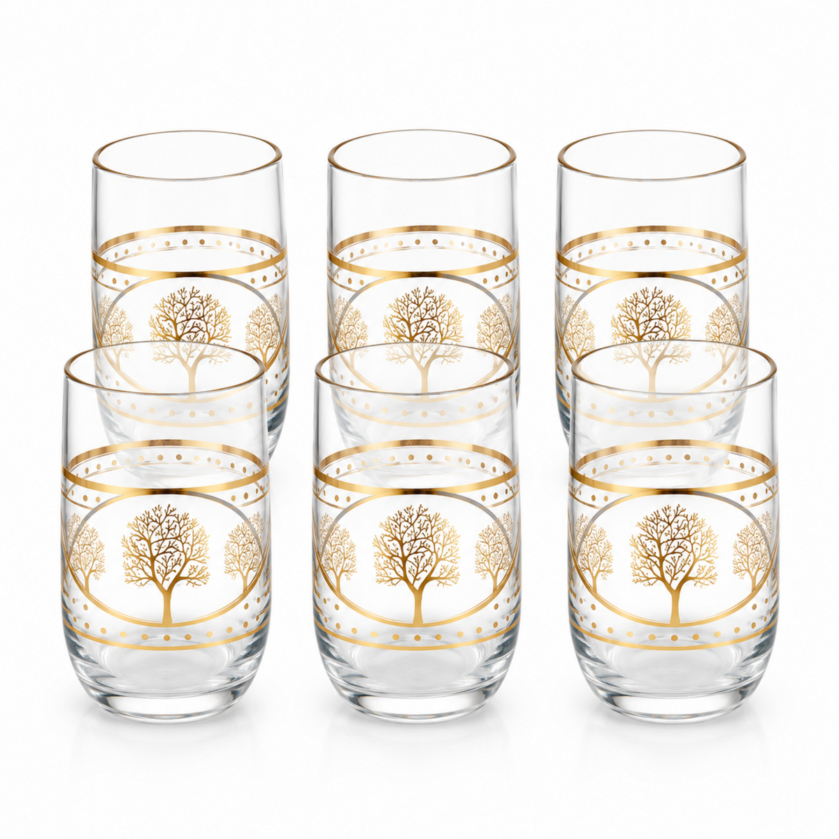 6-Piece Decorative Glass Tumbler Set with Gold Tree and Silver-Tone Accents