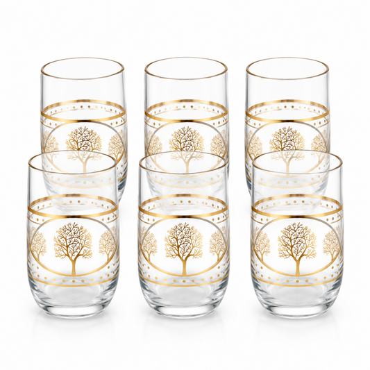 6-Piece Decorative Glass Tumbler Set with Gold Tree and Silver-Tone Accents