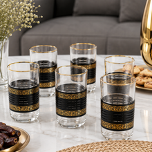 6-Piece Clear Glass Tumbler Set with Black and Gold Greek Key Design