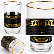 6-Piece Clear Glass Tumbler Set with Black and Gold Greek Key Design