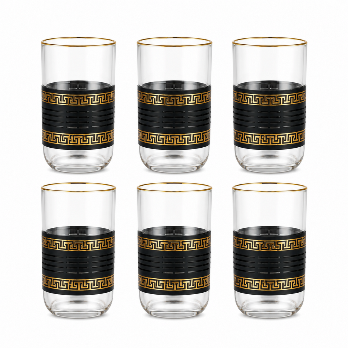 6-Piece Clear Glass Tumbler Set with Black and Gold Greek Key Design