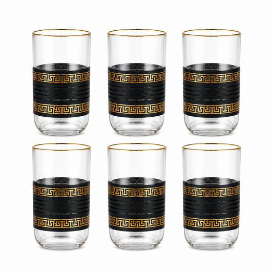 6-Piece Clear Glass Tumbler Set with Black and Gold Greek Key Design