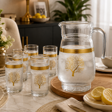 7-Piece Glass Beverage Serving Set with Gold Tree Design, Pitcher and 6 Tumblers