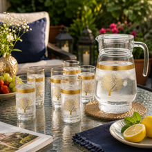 7-Piece Glass Beverage Serving Set with Gold Tree Design, Pitcher and 6 Tumblers