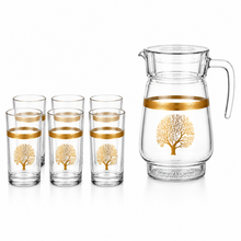 7-Piece Glass Beverage Serving Set with Gold Tree Design, Pitcher and 6 Tumblers