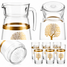 7-Piece Glass Beverage Serving Set with Gold Tree Design, Pitcher and 6 Tumblers