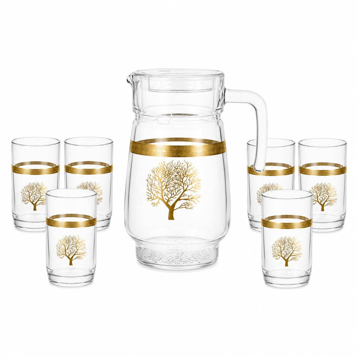 7-Piece Glass Beverage Serving Set with Gold Tree Design, Pitcher and 6 Tumblers
