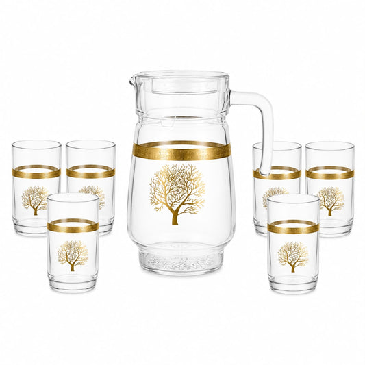 7-Piece Glass Beverage Serving Set with Gold Tree Design, Pitcher and 6 Tumblers
