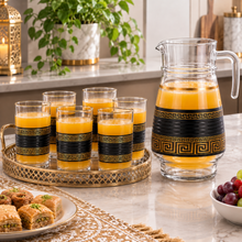 7-Piece Glass Juice and Water Serving Set with Black and Gold Meander Pattern