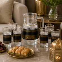 7-Piece Glass Juice and Water Serving Set with Black and Gold Meander Pattern