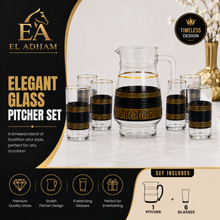 7-Piece Glass Juice and Water Serving Set with Black and Gold Meander Pattern