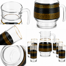 7-Piece Glass Juice and Water Serving Set with Black and Gold Meander Pattern