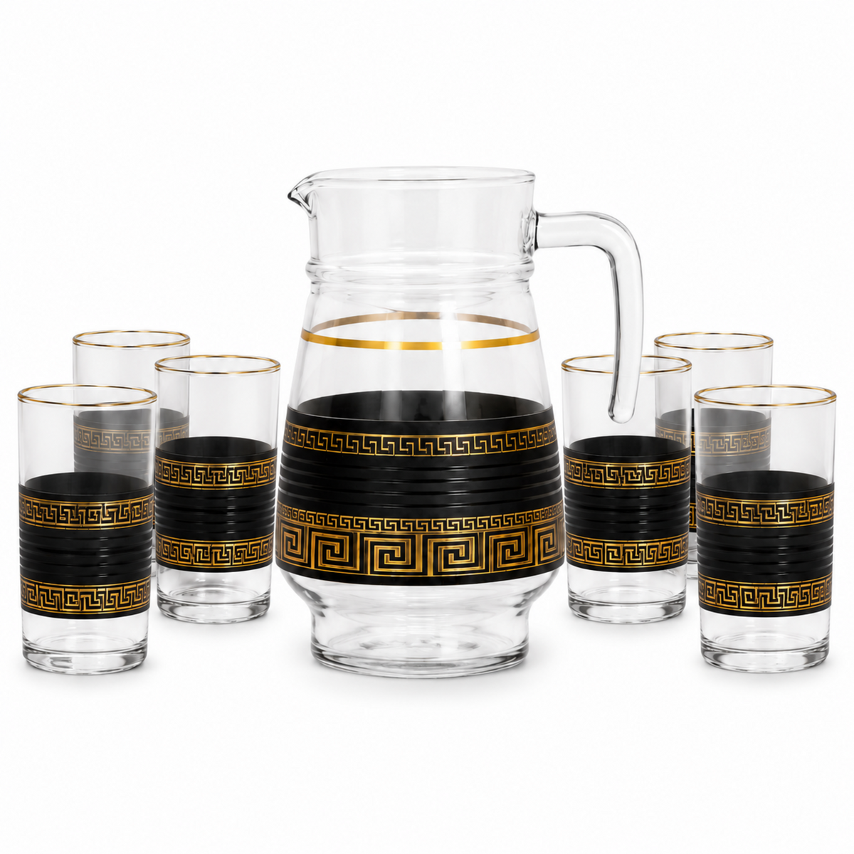 7-Piece Glass Juice and Water Serving Set with Black and Gold Meander Pattern