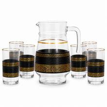 7-Piece Glass Juice and Water Serving Set with Black and Gold Meander Pattern