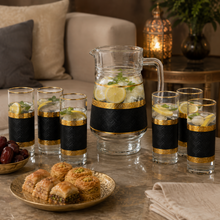 7-Piece Glass Juice and Water Serving Set with Black and Gold Embossed Pattern
