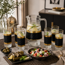 7-Piece Glass Juice and Water Serving Set with Black and Gold Embossed Pattern
