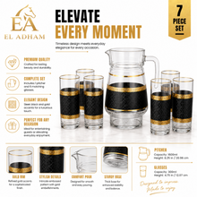 7-Piece Glass Juice and Water Serving Set with Black and Gold Embossed Pattern