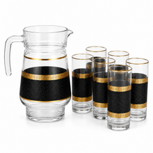 7-Piece Glass Juice and Water Serving Set with Black and Gold Embossed Pattern