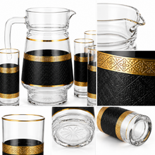 7-Piece Glass Juice and Water Serving Set with Black and Gold Embossed Pattern