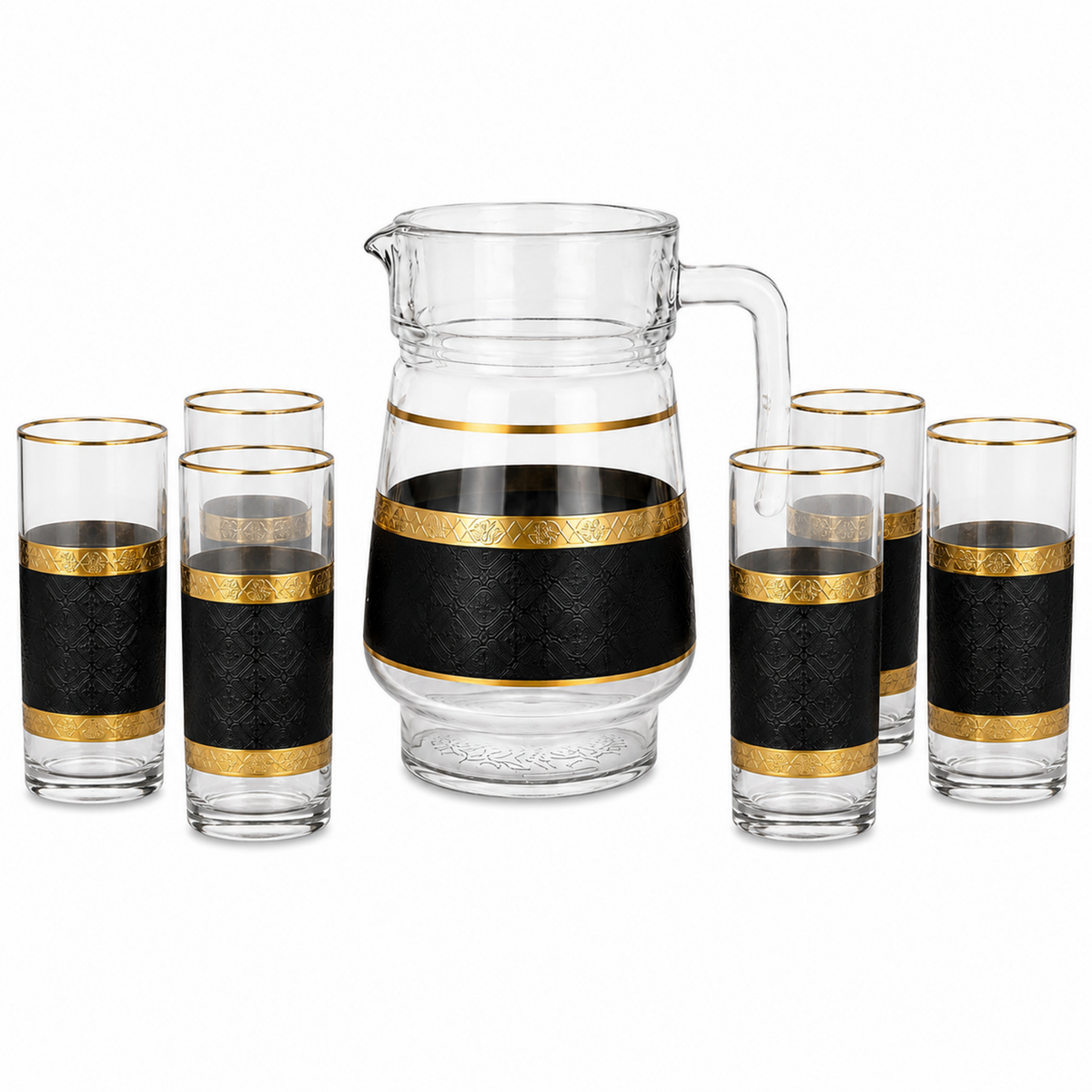 7-Piece Glass Juice and Water Serving Set with Black and Gold Embossed Pattern