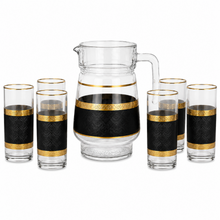 7-Piece Glass Juice and Water Serving Set with Black and Gold Embossed Pattern