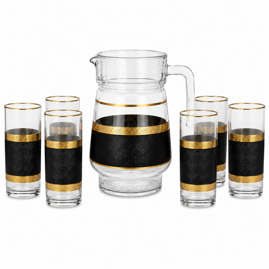 7-Piece Glass Juice and Water Serving Set with Black and Gold Embossed Pattern