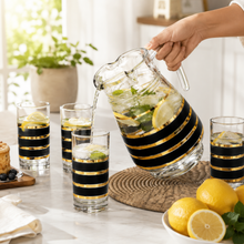 7-Piece Glass Beverage Serving Set with Lidded Pitcher and 6 Black and Gold Stripe Tumblers