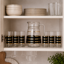 7-Piece Glass Beverage Serving Set with Lidded Pitcher and 6 Black and Gold Stripe Tumblers