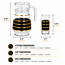 7-Piece Glass Beverage Serving Set with Lidded Pitcher and 6 Black and Gold Stripe Tumblers