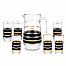 7-Piece Glass Beverage Serving Set with Lidded Pitcher and 6 Black and Gold Stripe Tumblers
