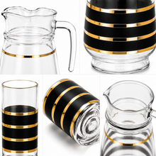 7-Piece Glass Beverage Serving Set with Lidded Pitcher and 6 Black and Gold Stripe Tumblers