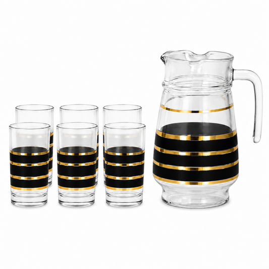 7-Piece Glass Beverage Serving Set with Lidded Pitcher and 6 Black and Gold Stripe Tumblers