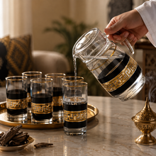 7-Piece Glass Beverage Set with Pitcher & 6 Cups – Black & Gold Greek Key
