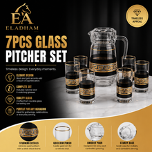 7-Piece Glass Beverage Set with Pitcher & 6 Cups – Black & Gold Greek Key