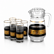 7-Piece Glass Beverage Set with Pitcher & 6 Cups – Black & Gold Greek Key