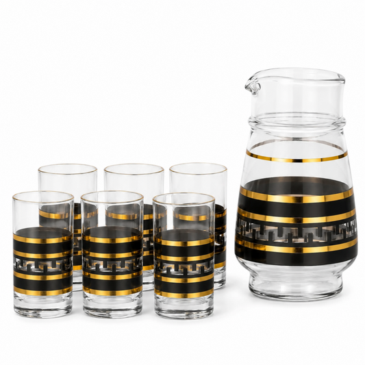 7-Piece Black and Gold Meander Glass Juice and Water Serving Set