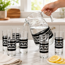 7-Piece Black and Silver Greek Key Glass Beverage Serving Set with Pitcher and 6 Tumblers