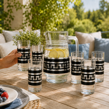 7-Piece Black and Silver Greek Key Glass Beverage Serving Set with Pitcher and 6 Tumblers