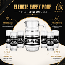 7-Piece Black and Silver Greek Key Glass Beverage Serving Set with Pitcher and 6 Tumblers