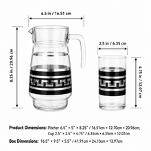7-Piece Black and Silver Greek Key Glass Beverage Serving Set with Pitcher and 6 Tumblers