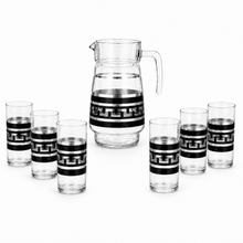 7-Piece Black and Silver Greek Key Glass Beverage Serving Set with Pitcher and 6 Tumblers