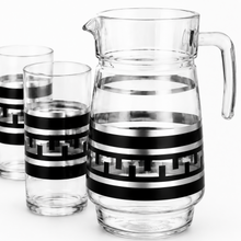 7-Piece Black and Silver Greek Key Glass Beverage Serving Set with Pitcher and 6 Tumblers