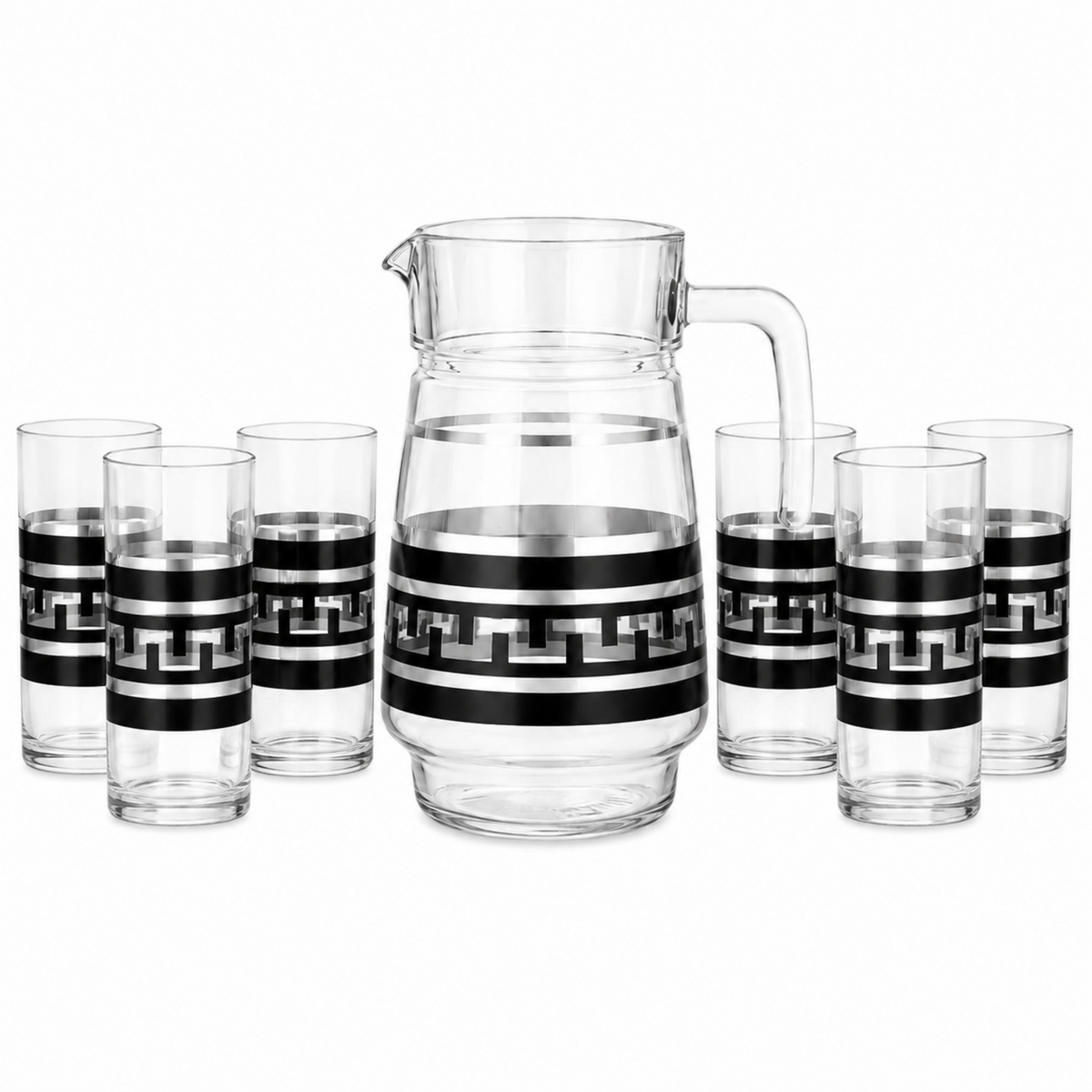 7-Piece Black and Silver Greek Key Glass Beverage Serving Set with Pitcher and 6 Tumblers