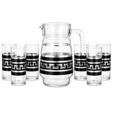 7-Piece Black and Silver Greek Key Glass Beverage Serving Set with Pitcher and 6 Tumblers