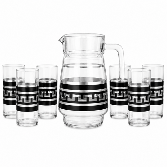 7-Piece Black and Silver Greek Key Glass Beverage Serving Set with Pitcher and 6 Tumblers