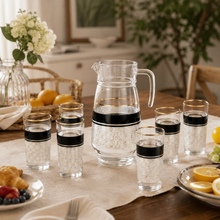 7-Piece Glass Drinkware Set with Pitcher and 6 White, Black and Gold Tumblers