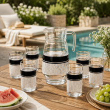 7-Piece Glass Drinkware Set with Pitcher and 6 White, Black and Gold Tumblers