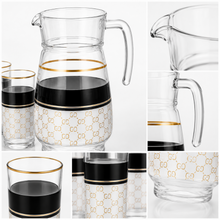 7-Piece Glass Drinkware Set with Pitcher and 6 White, Black and Gold Tumblers